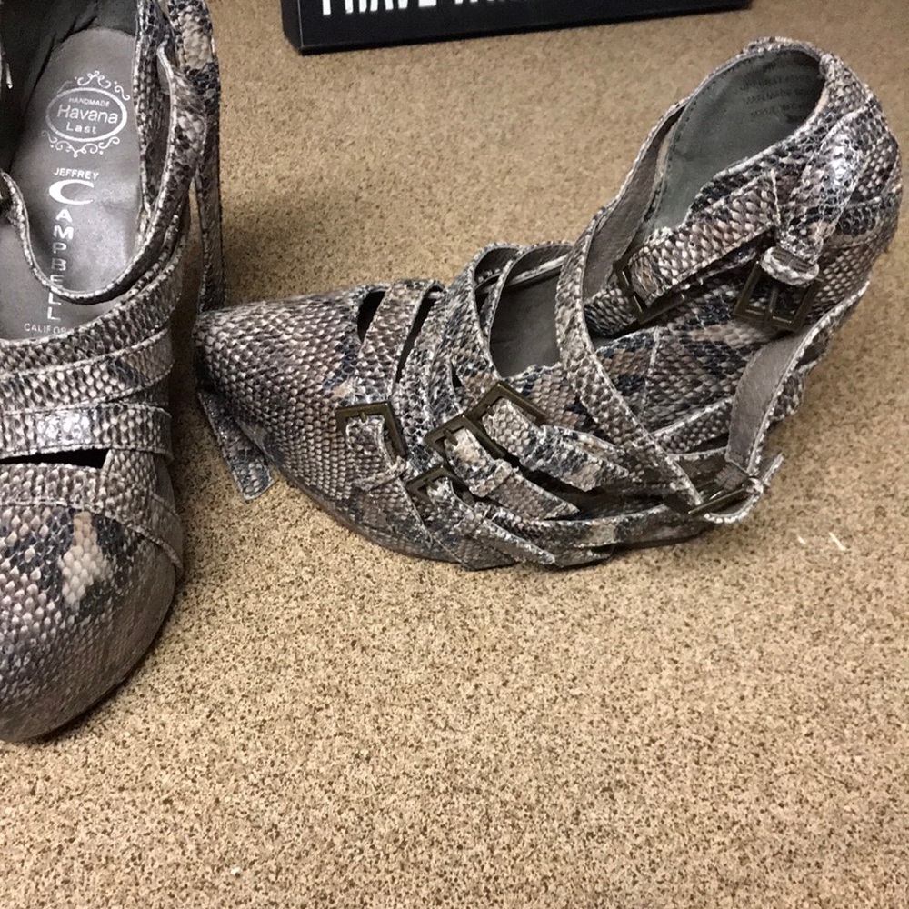 Jeffrey Campbell snake print heels